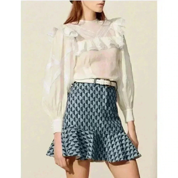 NWT Sandro Women's Blue Navy Logo Ruffle Paulina Mini Skirt Size Small 2 4 - Picture 1 of 16
